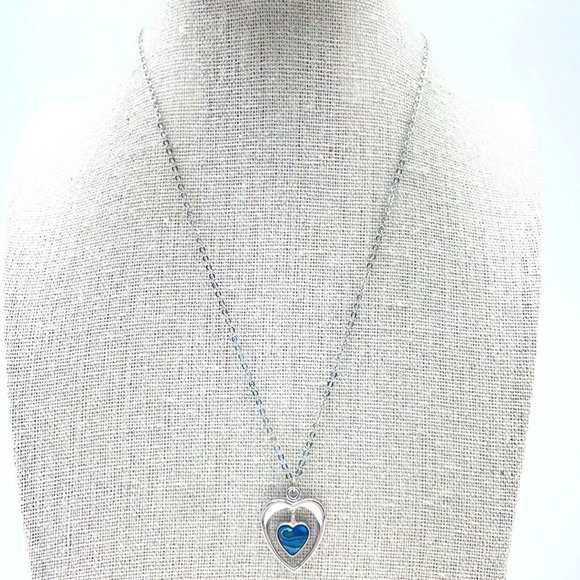 Faux Shell Double Heart Necklace Silver Tone Blue Love Valentine Friendship - Picture 1 of 6